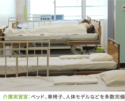 介護実習室：ベッド、車椅子、人体モデルなどを多数完備